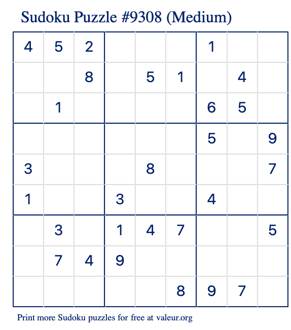 Free Printable Medium Sudoku Puzzle number 9308