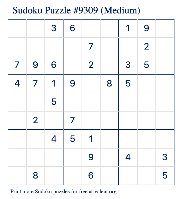 Free Printable Medium Sudoku Puzzle number 9309