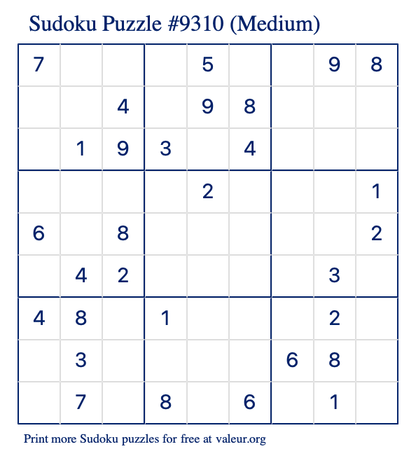 Free Printable Medium Sudoku Puzzle number 9310