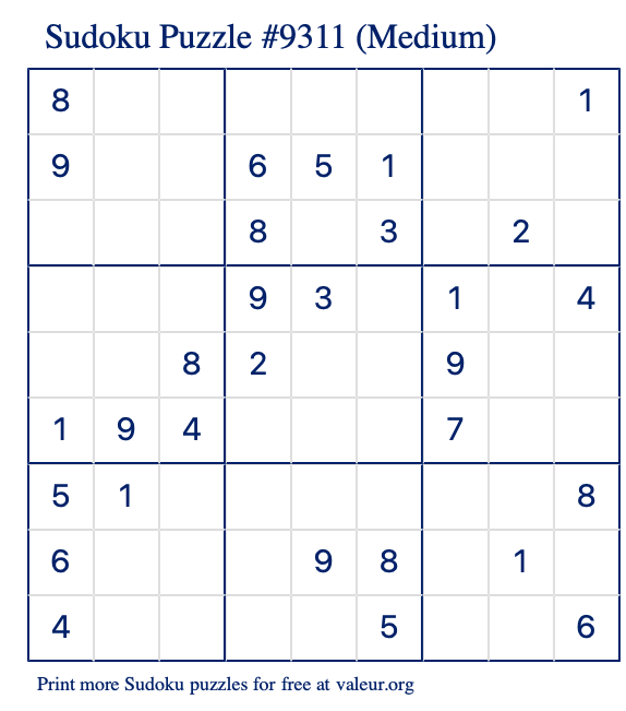 Free Printable Medium Sudoku Puzzle number 9311
