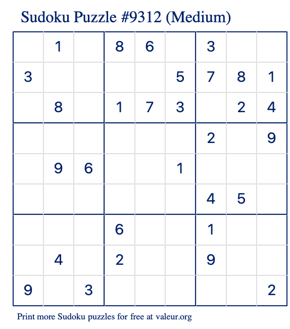 Free Printable Medium Sudoku Puzzle number 9312