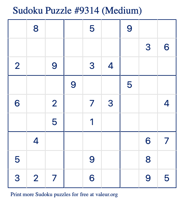Free Printable Medium Sudoku Puzzle number 9314
