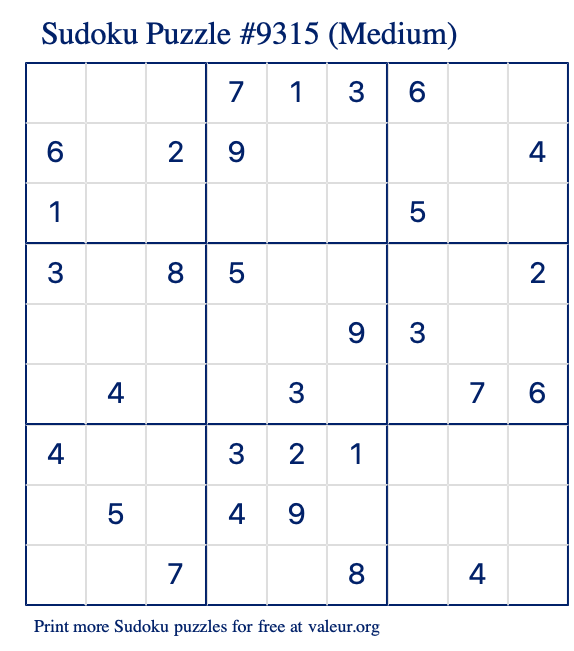 Free Printable Medium Sudoku Puzzle number 9315