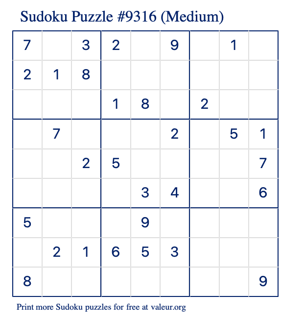 Free Printable Medium Sudoku Puzzle number 9316