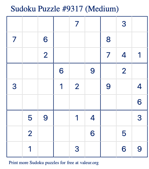Free Printable Medium Sudoku Puzzle number 9317