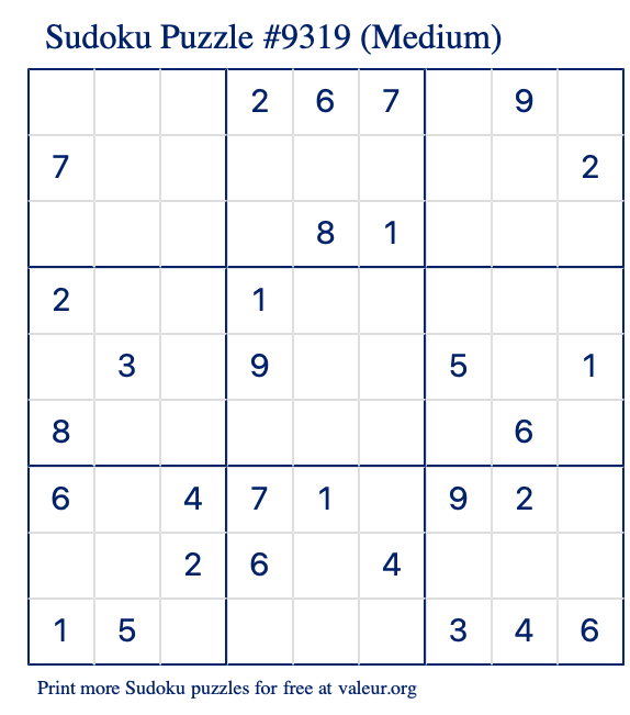 Free Printable Medium Sudoku Puzzle number 9319