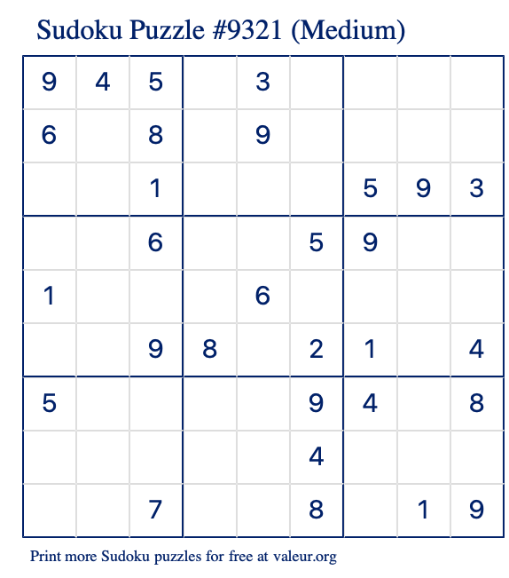 Free Printable Medium Sudoku Puzzle number 9321
