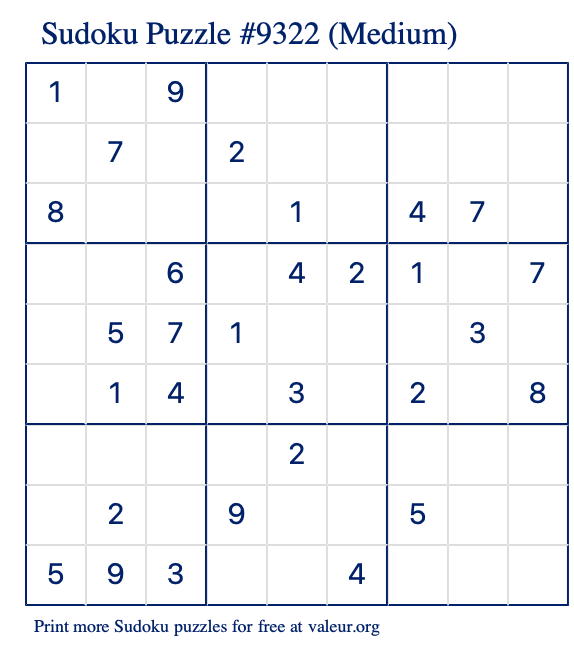 Free Printable Medium Sudoku Puzzle number 9322