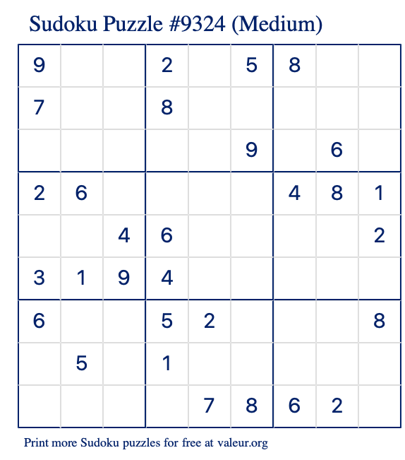Free Printable Medium Sudoku Puzzle number 9324