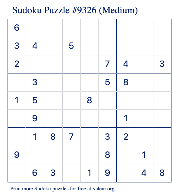 Free Printable Medium Sudoku Puzzle number 9326