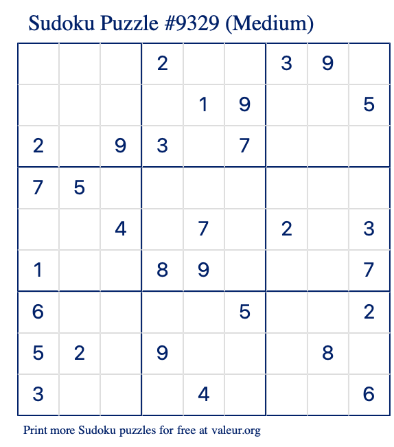 Free Printable Medium Sudoku Puzzle number 9329