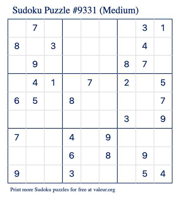 Free Printable Medium Sudoku Puzzle number 9331