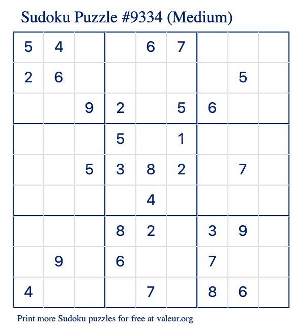 Free Printable Medium Sudoku Puzzle number 9334