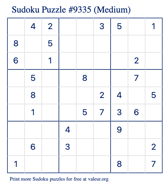Free Printable Medium Sudoku Puzzle number 9335
