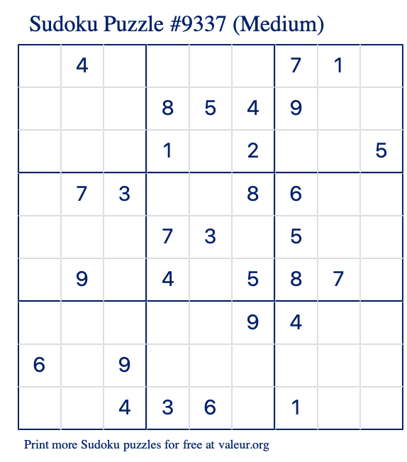 Free Printable Medium Sudoku Puzzle number 9337