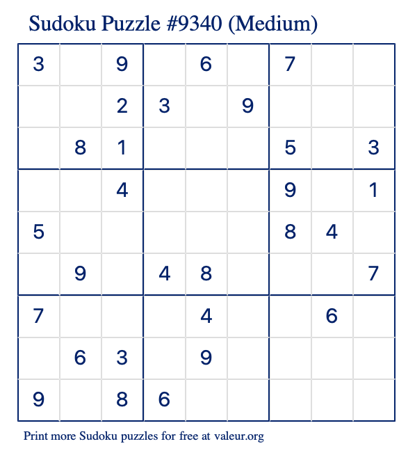 Free Printable Medium Sudoku Puzzle number 9340