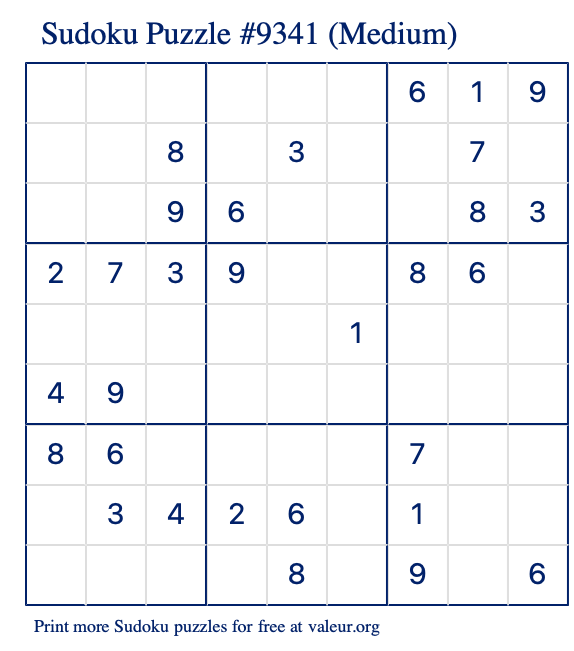Free Printable Medium Sudoku Puzzle number 9341
