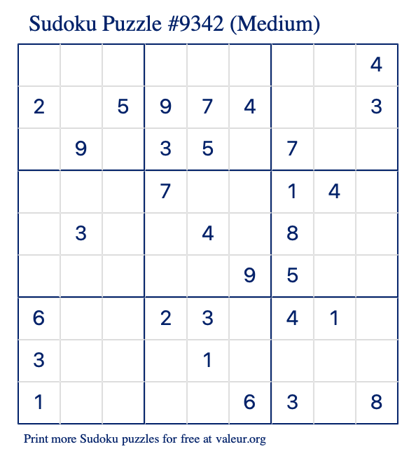 Free Printable Medium Sudoku Puzzle number 9342
