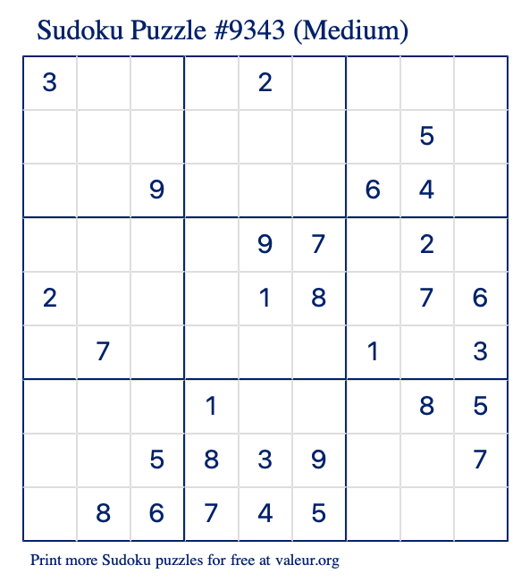 Free Printable Medium Sudoku Puzzle number 9343