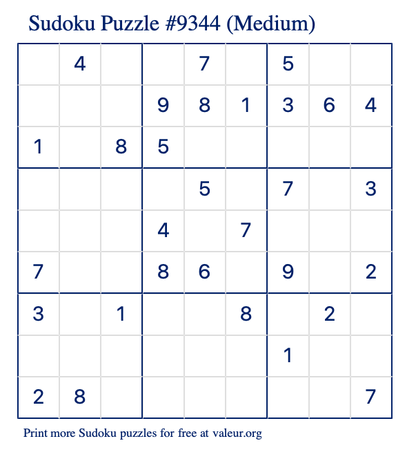 Free Printable Medium Sudoku Puzzle number 9344