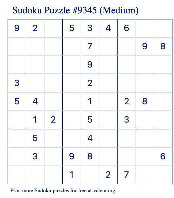 Free Printable Medium Sudoku Puzzle number 9345