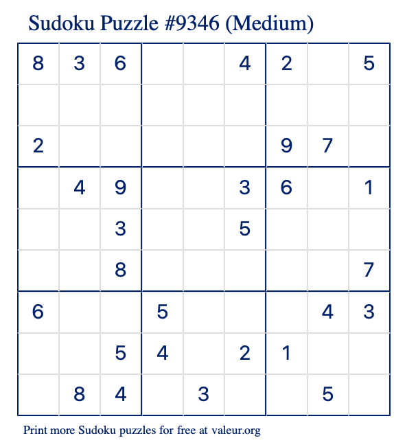 Free Printable Medium Sudoku Puzzle number 9346