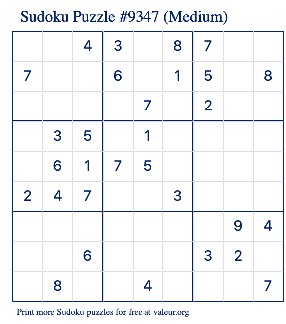 Free Printable Medium Sudoku Puzzle number 9347