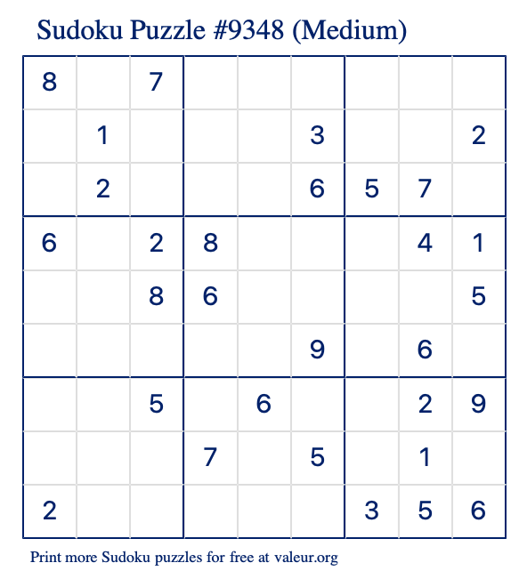 Free Printable Medium Sudoku Puzzle number 9348