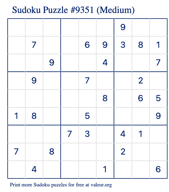 Free Printable Medium Sudoku Puzzle number 9351