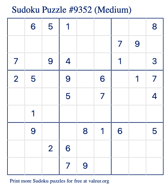 Free Printable Medium Sudoku Puzzle number 9352