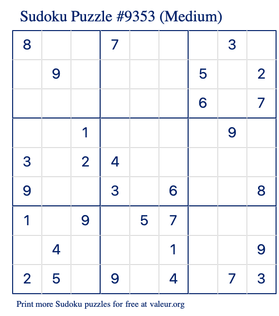 Free Printable Medium Sudoku Puzzle number 9353