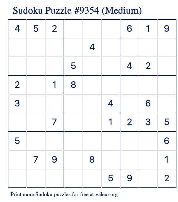 Free Printable Medium Sudoku Puzzle number 9354