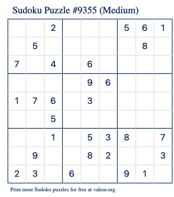 Free Printable Medium Sudoku Puzzle number 9355