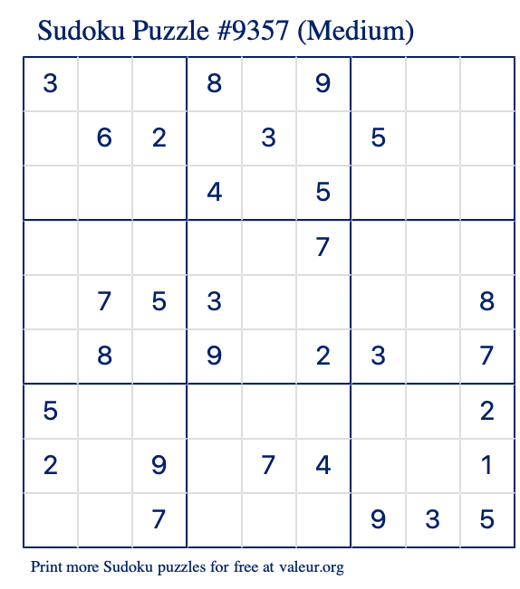 Free Printable Medium Sudoku Puzzle number 9357
