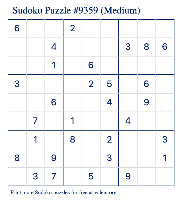Free Printable Medium Sudoku Puzzle number 9359