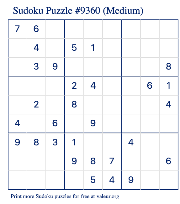 Free Printable Medium Sudoku Puzzle number 9360