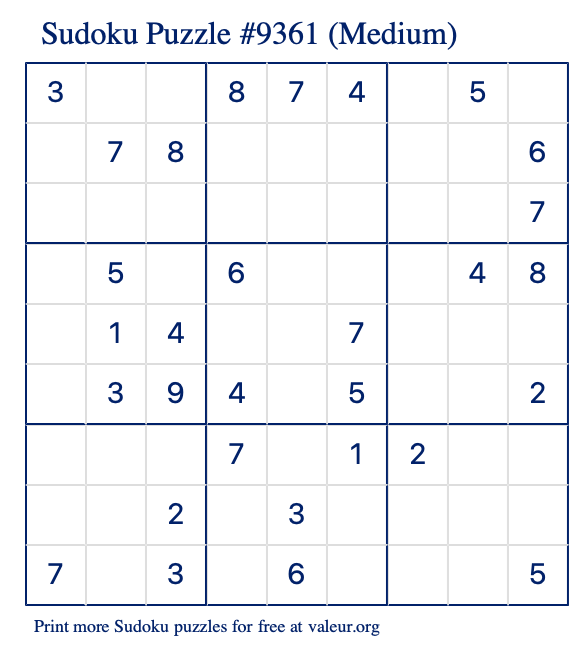 Free Printable Medium Sudoku Puzzle number 9361