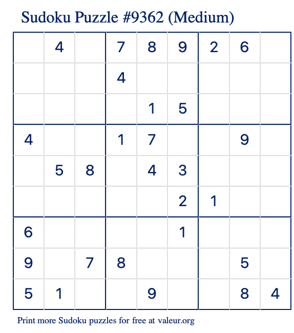 Free Printable Medium Sudoku Puzzle number 9362