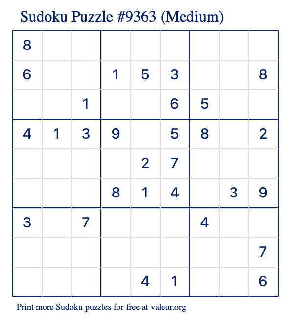 Free Printable Medium Sudoku Puzzle number 9363
