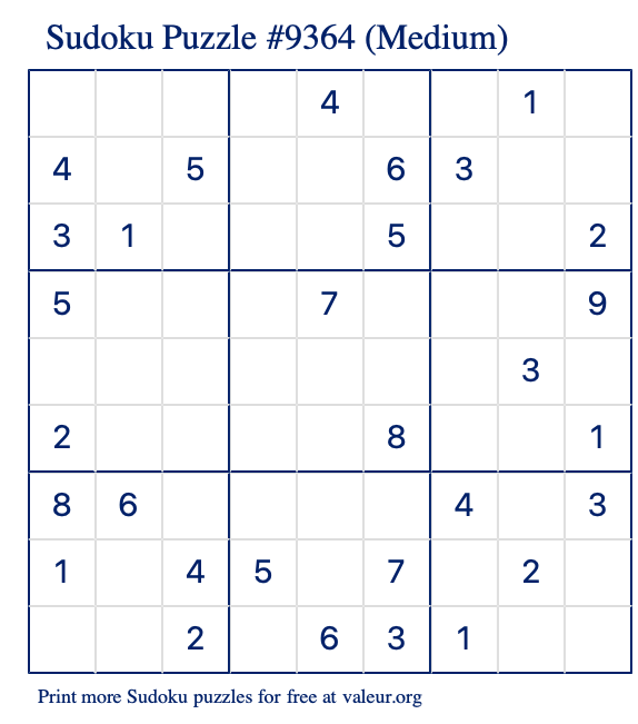 Free Printable Medium Sudoku Puzzle number 9364