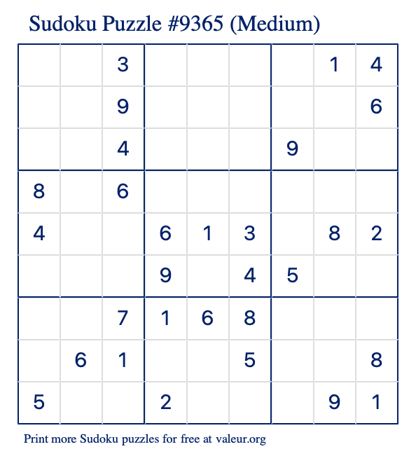 Free Printable Medium Sudoku Puzzle number 9365