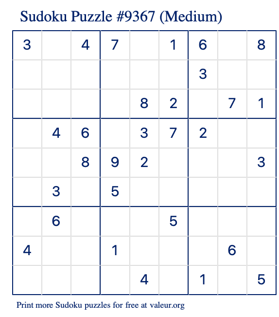 Free Printable Medium Sudoku Puzzle number 9367