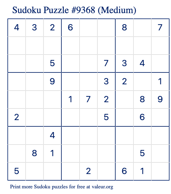 Free Printable Medium Sudoku Puzzle number 9368