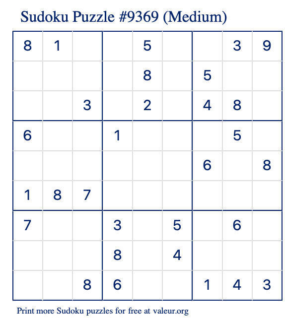 Free Printable Medium Sudoku Puzzle number 9369