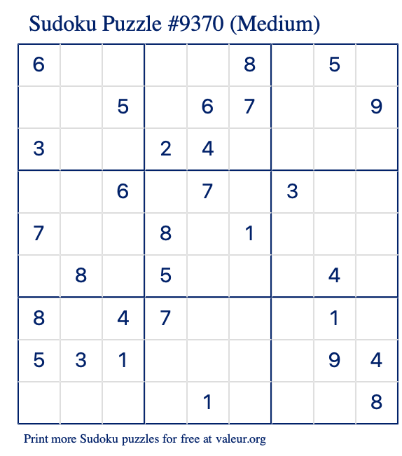 Free Printable Medium Sudoku Puzzle number 9370
