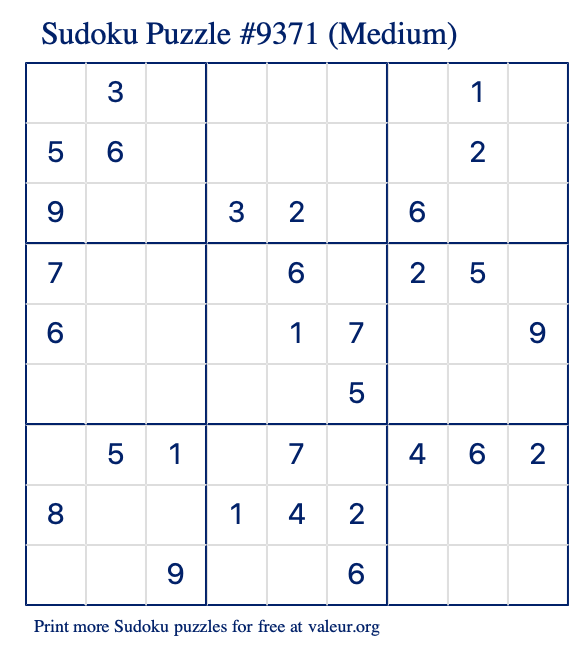 Free Printable Medium Sudoku Puzzle number 9371