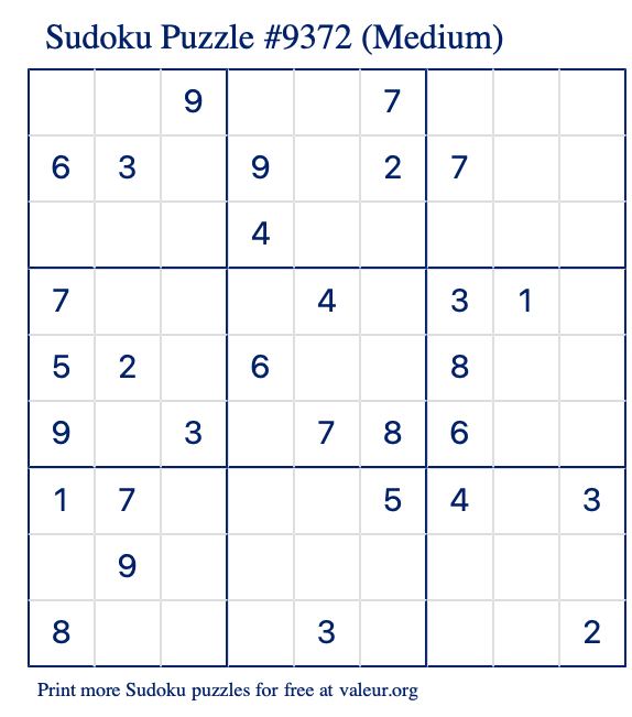 Free Printable Medium Sudoku Puzzle number 9372