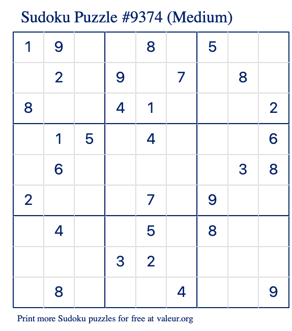 Free Printable Medium Sudoku Puzzle number 9374