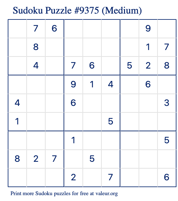 Free Printable Medium Sudoku Puzzle number 9375