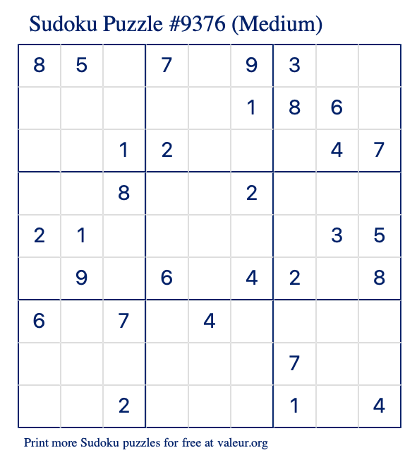 Free Printable Medium Sudoku Puzzle number 9376